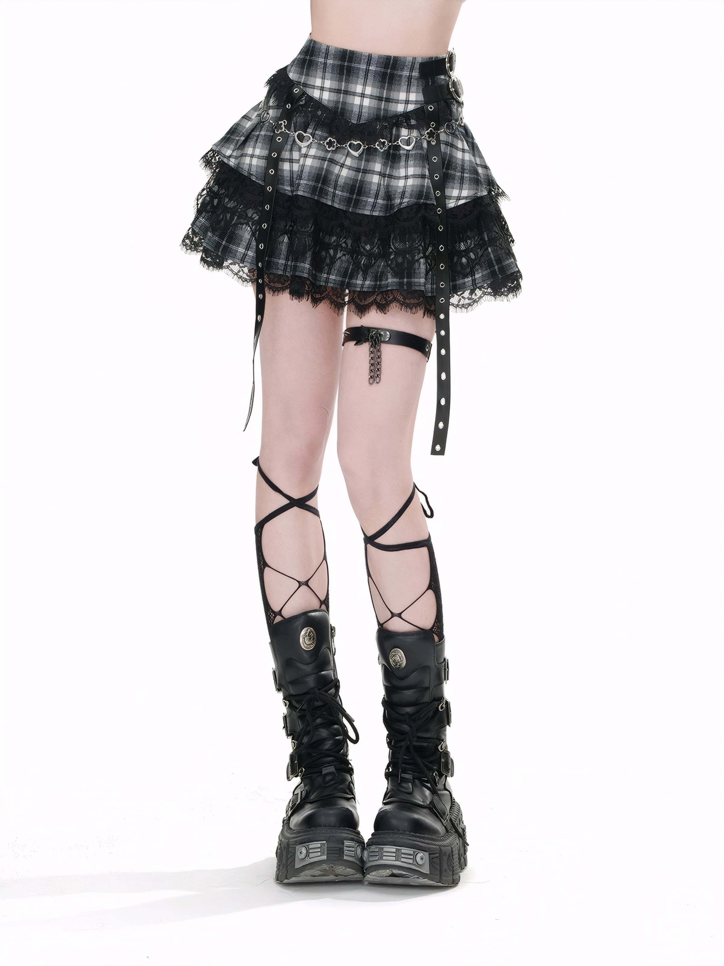 Gothic Plaid Lace Layered Mini Skirt with Heart Chain Double Buckle High Waist A-line Skirt for Women